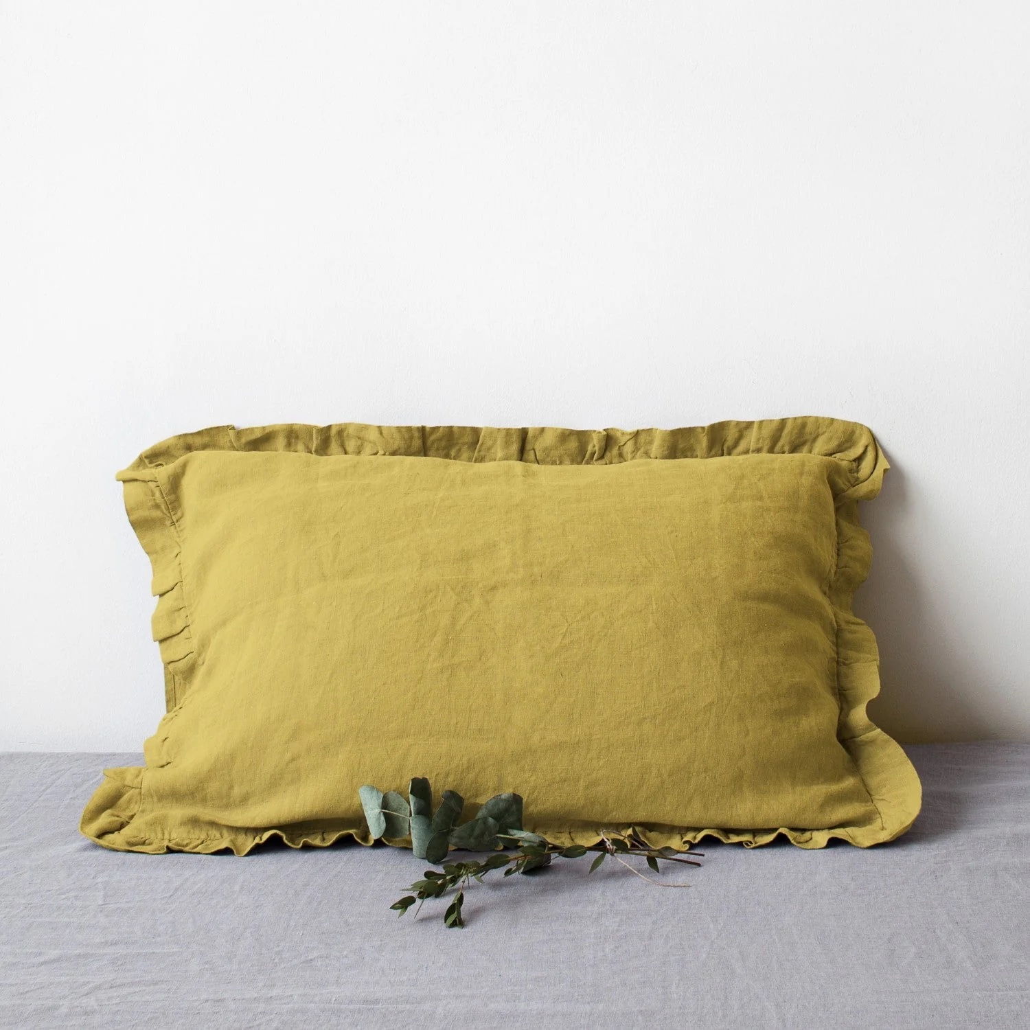 Lemon Curry Linen Pillowcase with Frills - Image 2