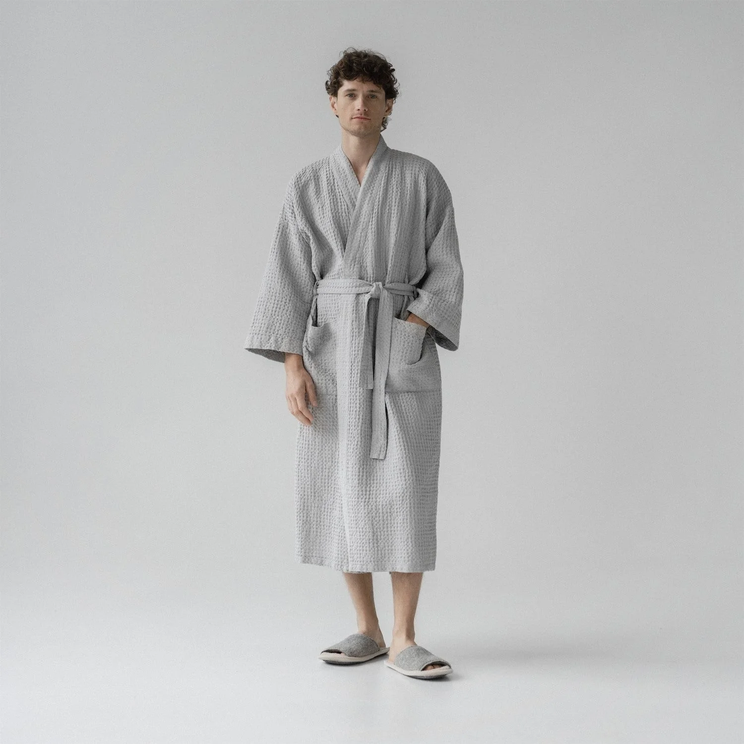 Light Grey Linen & Cotton Waffle Bathrobe - Image 3